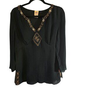 FADED GLORY BLACK BEADED TOP VNECK SIZE LARGE (12-14) 3/4 SLEEVES ROMANTIC
